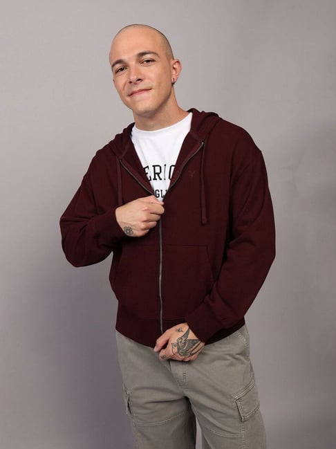 American Eagle Maroon Relaxed Fit Hooded Sweatshirt-picture-38