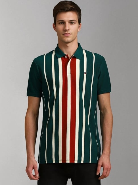 Louis Philippe Green Slim Fit Striped Polo T-Shirt