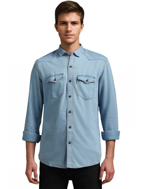 Louis Philippe Blue Slim Fit Denim Shirt