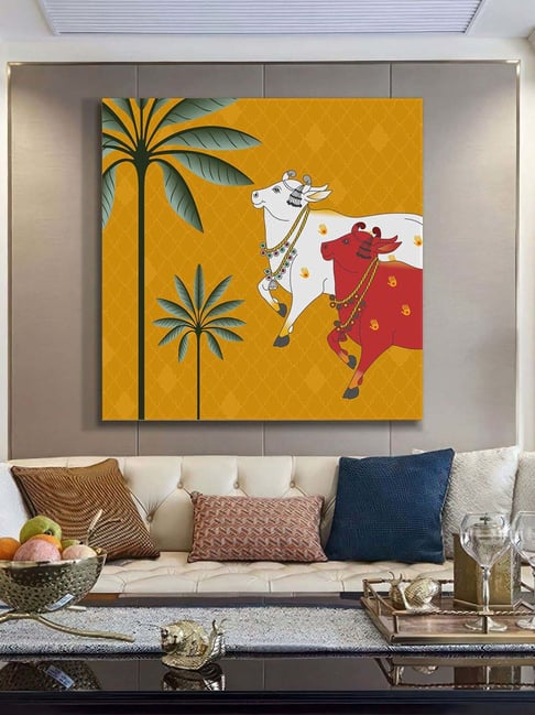 999Store Yellow Canvas Traditional Indian Cow Pichwai Art Print-picture-38