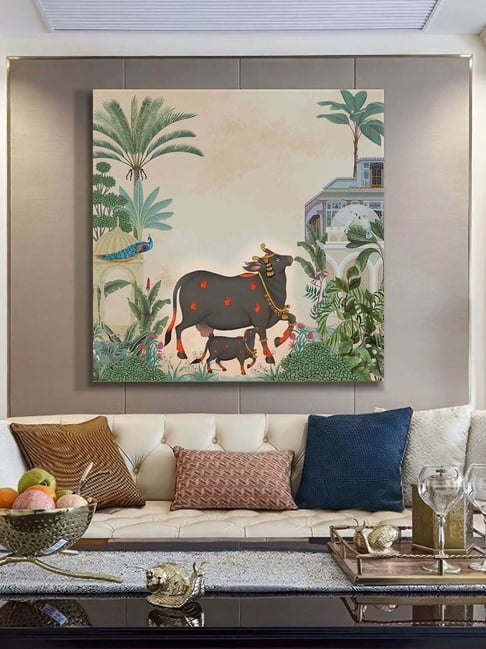 999Store Multicolor Canvas Cow And Calf With Tropical Foliage Art Print-picture-33