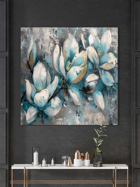 999Store Blue & Grey Canvas Blossoming Flowers Depicted Painting-picture-27