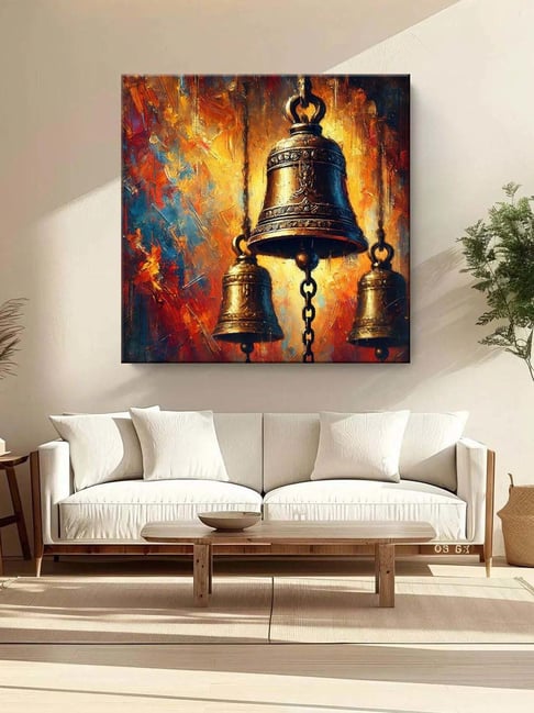 999Store Brown Canvas Temple Bells With Vibrant Abstract Background Painting