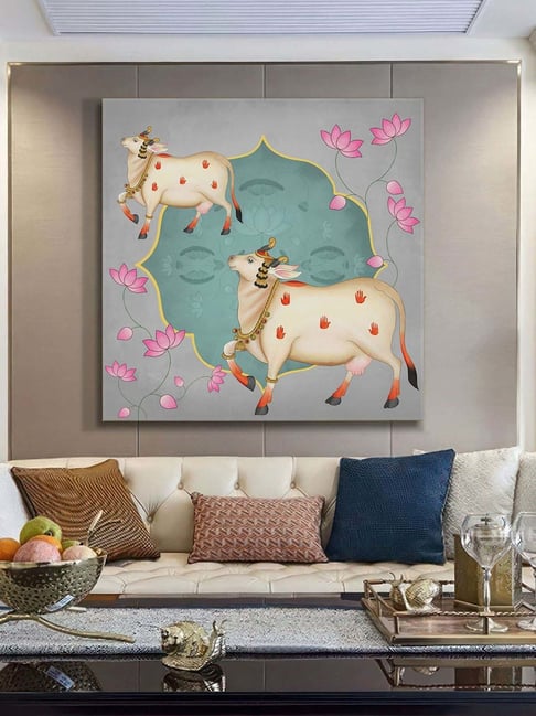 999Store Blue & Grey Canvas Ornamental Cow And Lotus Flower Art-picture-30