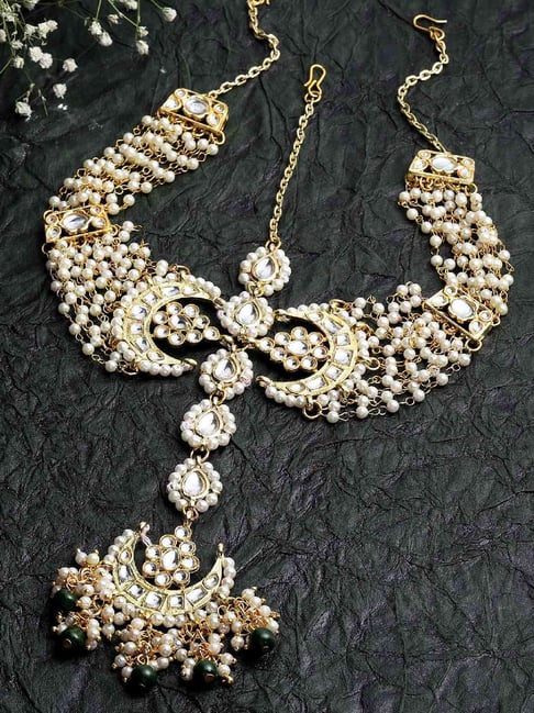 Karatcart Gold Plated Green Beads and Pearl Chain Kundan Matha Patti for Women-picture-19