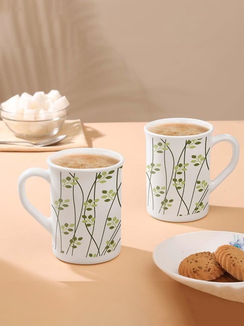 Larah by Borosil Leafline Green Opalware Tea & Coffee Mug Set of 2 pcs 350 ml Each (White)