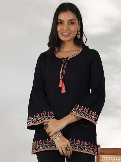 Libas Black Woven Pattern Straight Short Kurti