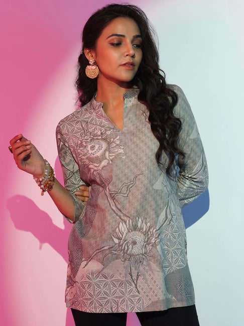 Gerua By Libas Grey Linen Printed A Line Short Kurti-picture-22