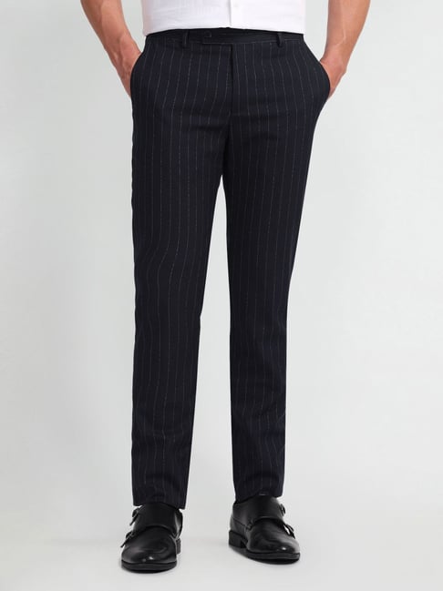 Arrow Navy Slim Fit Striped Trousers-picture-25
