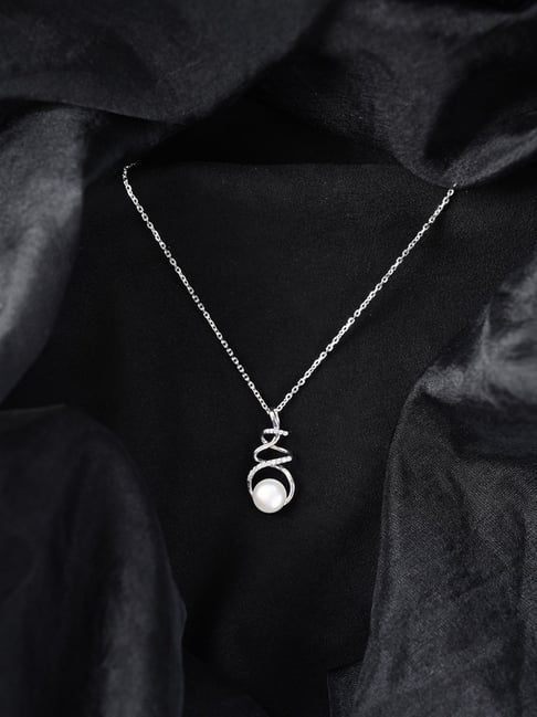 Clara 925 Sterling Silver Platinum Plated Swiss Zirconia Morsal Real Pearl Pendant Chain Necklace for Women