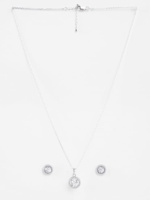 Clara 925 Silver Platinum Plated Swiss Zirconia Halo Round Solitaire Pendant Earrings Chain Necklace Jewellery Set for Women & Girls