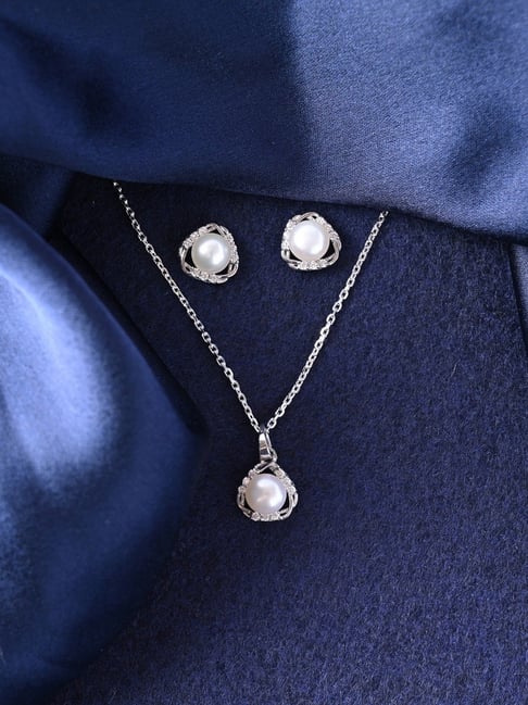 Clara 925 Silver Platinum Plated Zuha Freshwater Pearl Pendant Earrings  Chain Set for Women Girls - Main Image