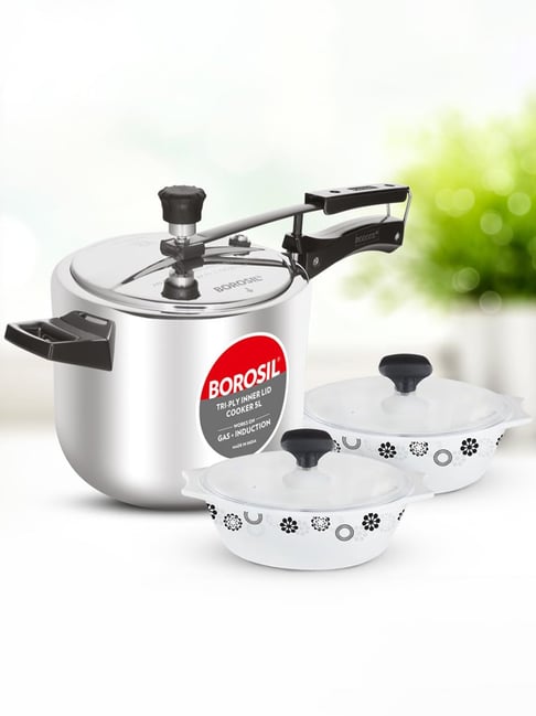Borosil Silver Stainless Steel Pressure Cooker with Pc Opalware Casserole  Set (5 L)