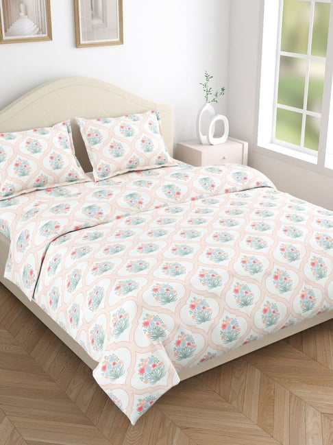 Haus & Kinder White & Orange Cotton 186 TC Double Size Flat Bedsheet with 2 Pillow Covers-picture-22