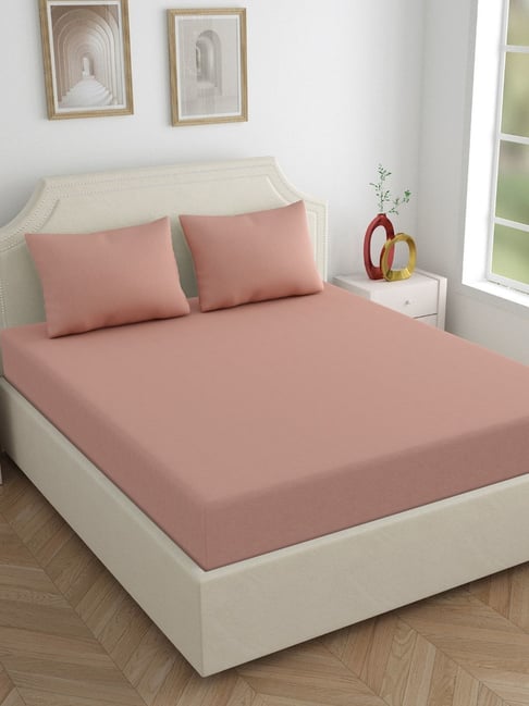 Haus & Kinder Pink Cotton 150 TC King Size Fitted Bedsheet with 2 Pillow Covers-image-2