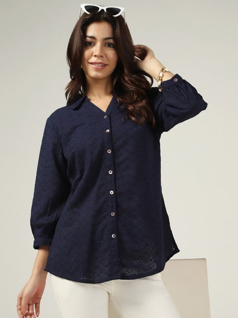 Mustard Navy Embroidery Shirt-picture-13