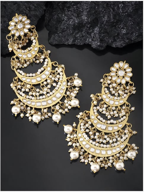 Peora Traditional Gold Plated Kundan Pearl Chand Bali Earrings