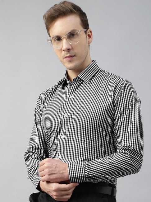 English Navy Black Blended Slim Fit Checks Formal Shirts