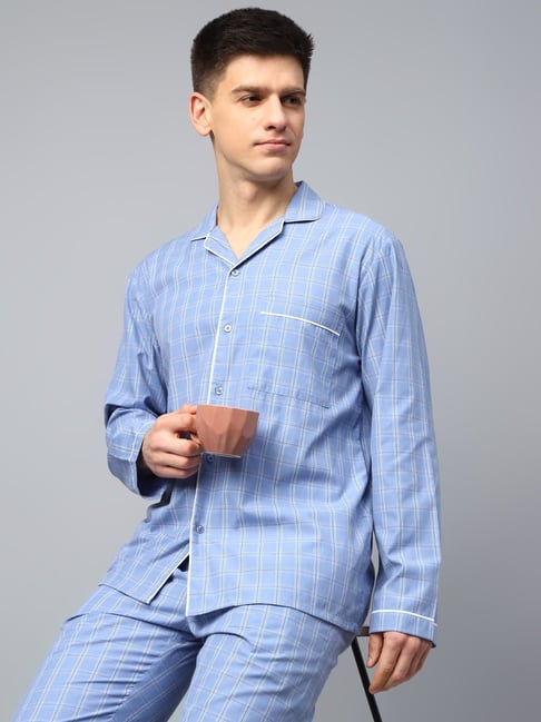English Navy Blue Cotton Relaxed Fit Checks Sleepwear Pack of 2