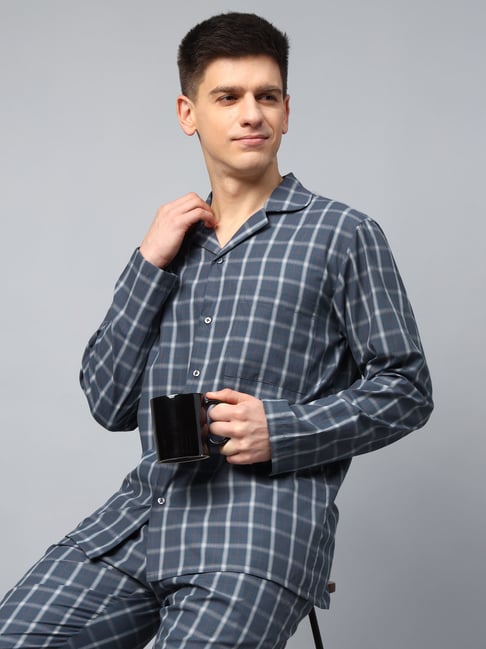 English Navy Blue Cotton Relaxed Fit Checks Sleepwear Pack of 2