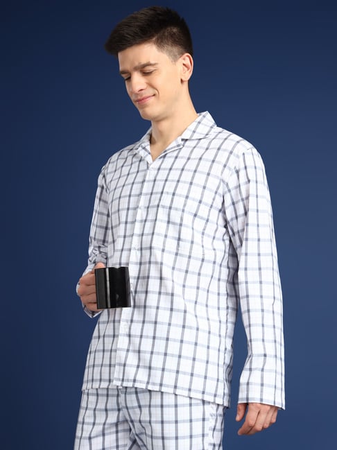 English Navy White Cotton Relaxed Fit Checks Sleepwear Pack of 2