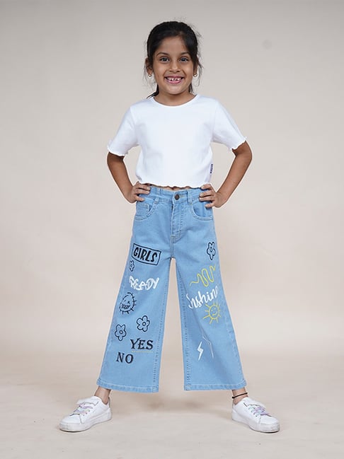 Baby Girl Girls Crop Jeans Kiddopanti Girls White Blue Printed
