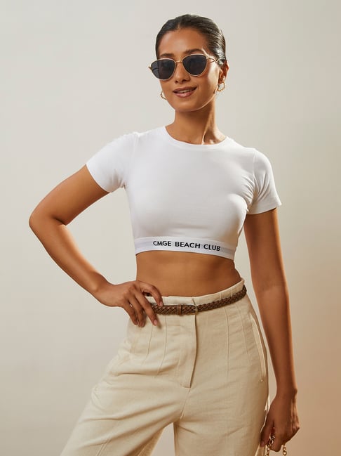 CMGE White Regular Fit Crop Top