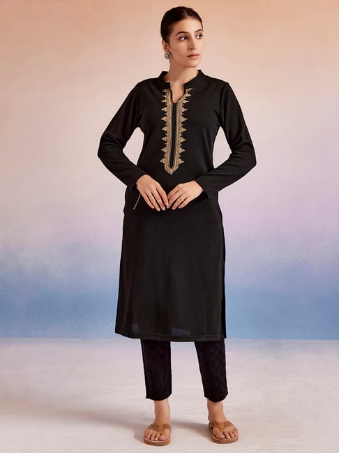 Jaipur Kurti Black Embroidered Straight Woolen Kurta-picture-30
