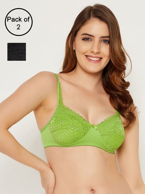 Clovia Green & Black Lace Full Coverage Everyday Bra (Pack Of 2)