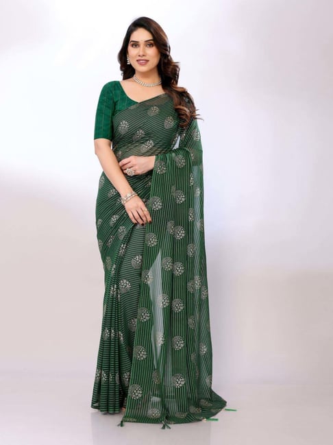 FABMORA Green Printed Saree With Unstitched Blouse-picture-11