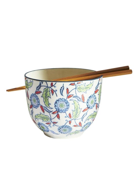 Chumbak Blue Ceramic Jaipur Backyard Bowl With Chopsticks (0.3 L)