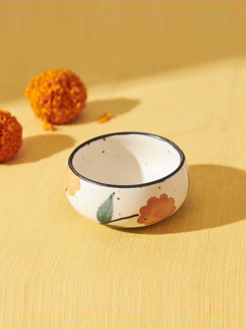 Chumbak White Ceramic Handpainted Marigold Dessert Bowl (0.085 L)