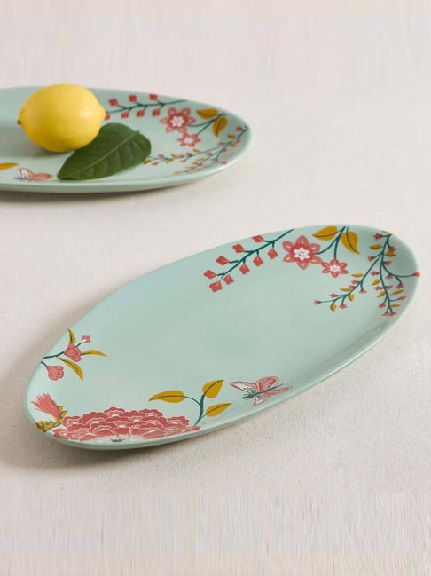Chumbak Bahaar Collection Blue Ceramic Oval Snack Platter