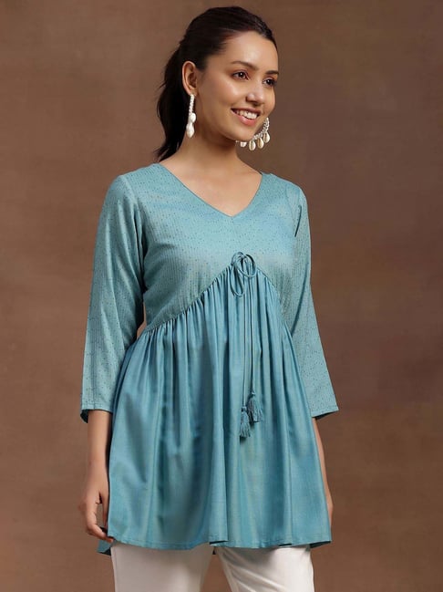 Libas Sea Green Woven Pattern A Line Kurti