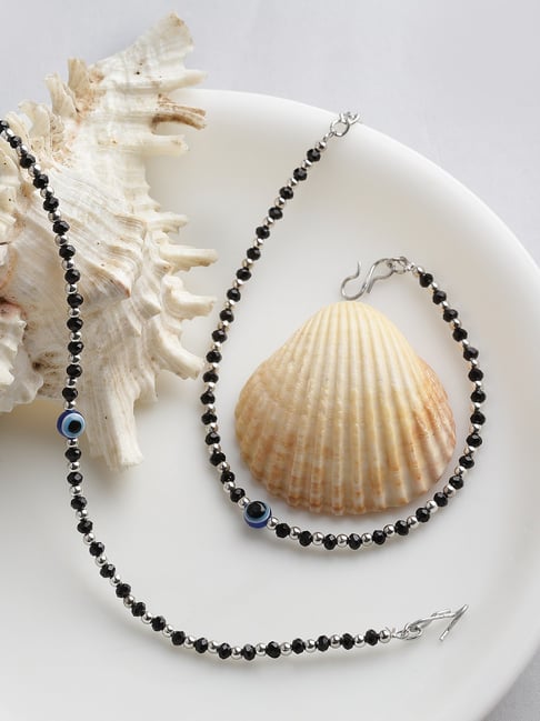 Panash Silver Plated Black & Blue Beaded Evil Eye Handcrafted Anklets Set of 2-picture-30