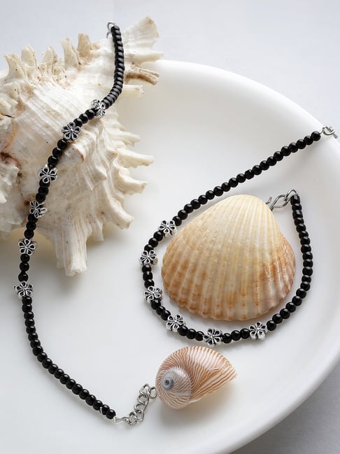 Panash Silver Plated Black Beaded Floral Handcrafted Anklets Set of 2-picture-15