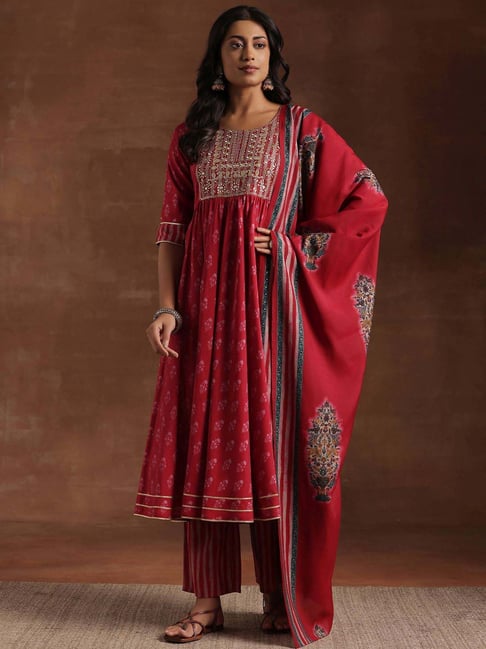 Libas Pink Floral Print Kurta Pant Set with Dupatta