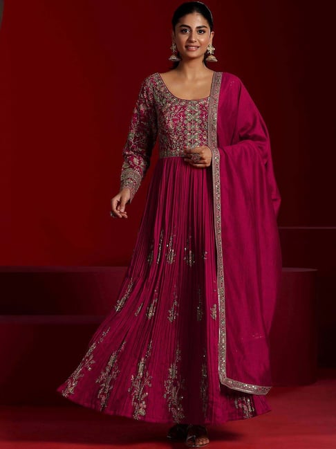 Libas Art Maroon Embroidered Kurta Pant Set with Dupatta