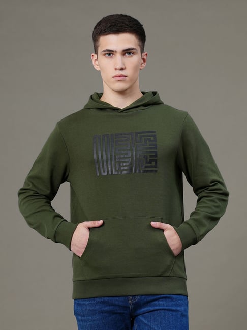 Red Tape Olive Baggy Fit Printed Hooded Sweatshirt