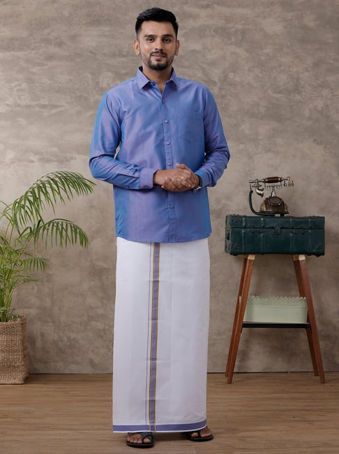 Ramraj Blue Cotton Regular Fit Solid Shirt Dhoti