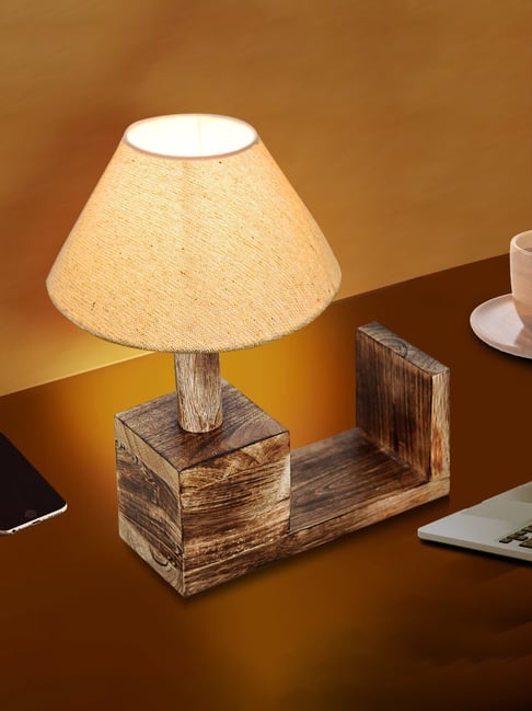 Buy Homesake Beige Wood Book Shelf Table Lamp for Night Desk Lamp