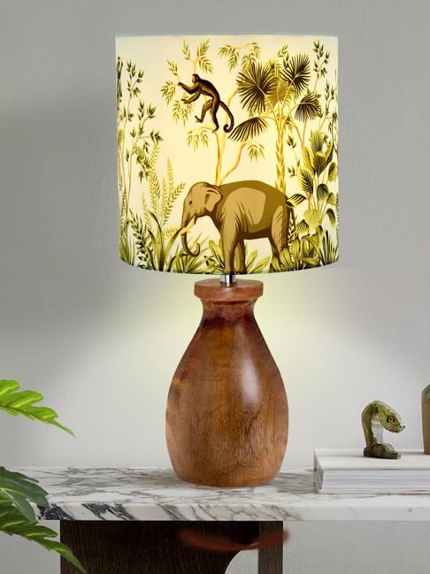 Homesake Modern Table Lamp Dovel Green Decorative Wooden Base Fabric  Lampshade