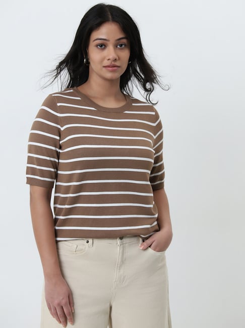 Gia by Westside Beige Striped Knitted T-Shirt
