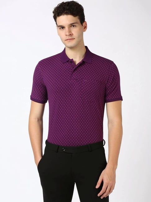 Buy Peter England Purple Cotton Regular Fit Printed Polo T-Shirt