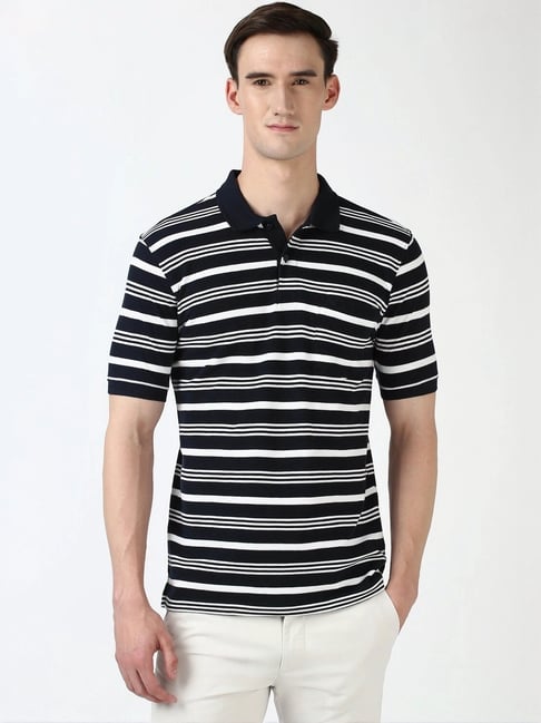 Peter England Navy Cotton Regular Fit Striped Polo T-Shirt