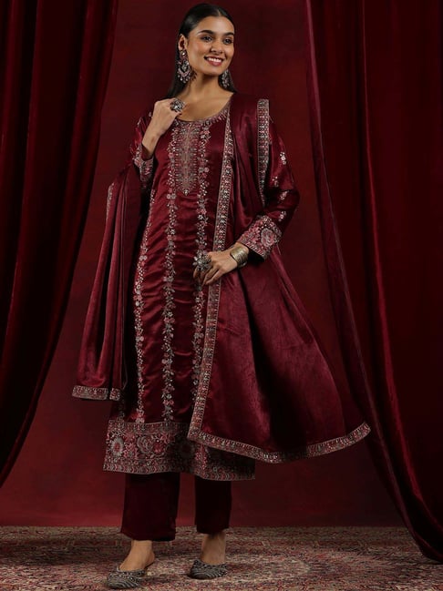 Libas Maroon Embroidered Kurta Palazzo Set With Dupatta