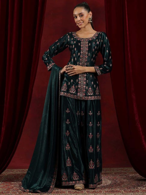 Libas Art Green Embroidered Kurti Palazzo Set With Dupatta
