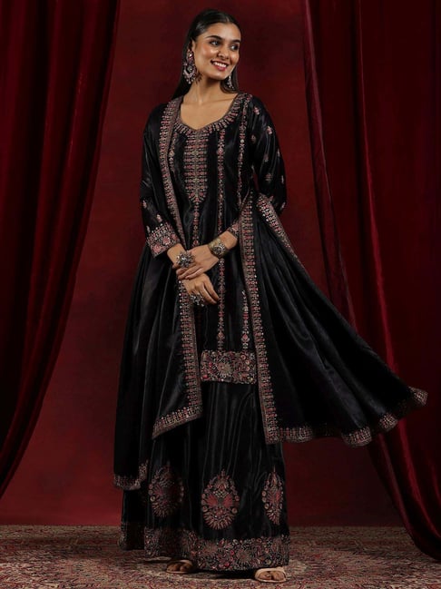 Libas Art Black Embroidered Kurta Palazzo Set With Dupatta