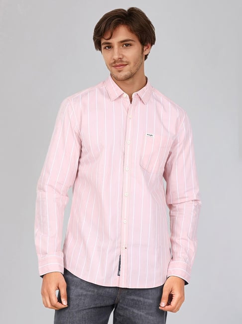 Wrangler Pink Cotton Regular Fit Striped Shirt
