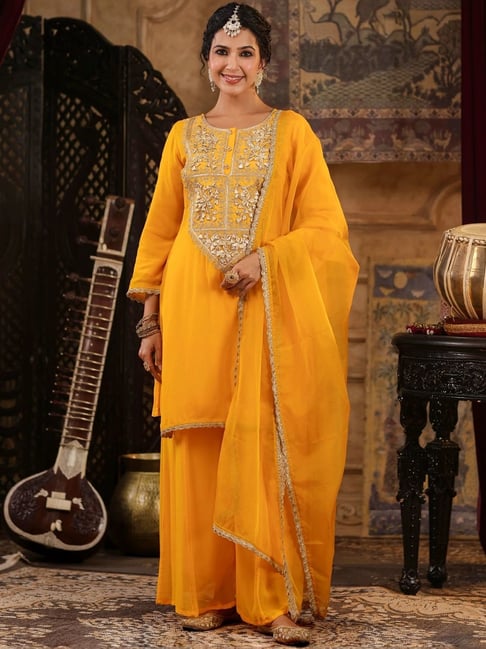 Buy Yellow Gota Patti Work Palazzo Set With Kurta And Dupatta for